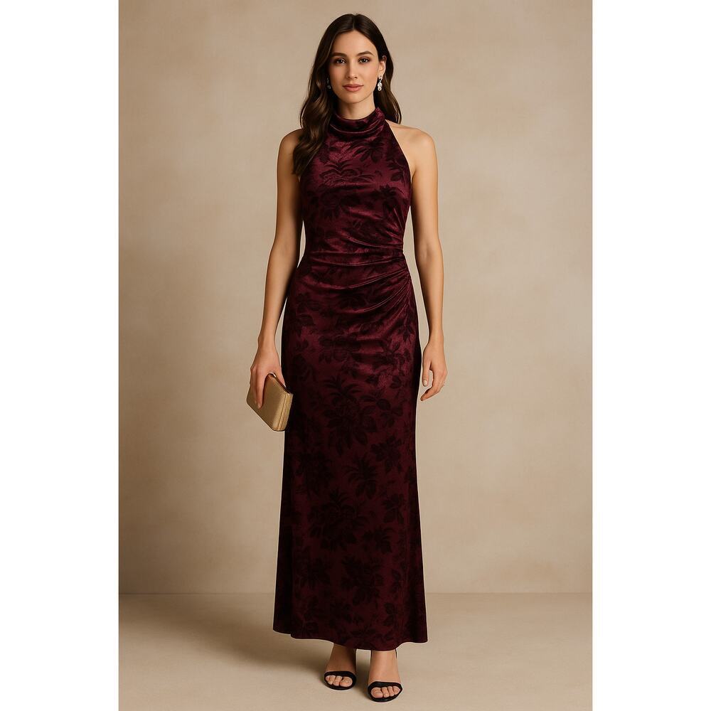 BHLDN Holly Halter Velvet Floral Gown in Wine/Bordeaux Size M (New with Tags)